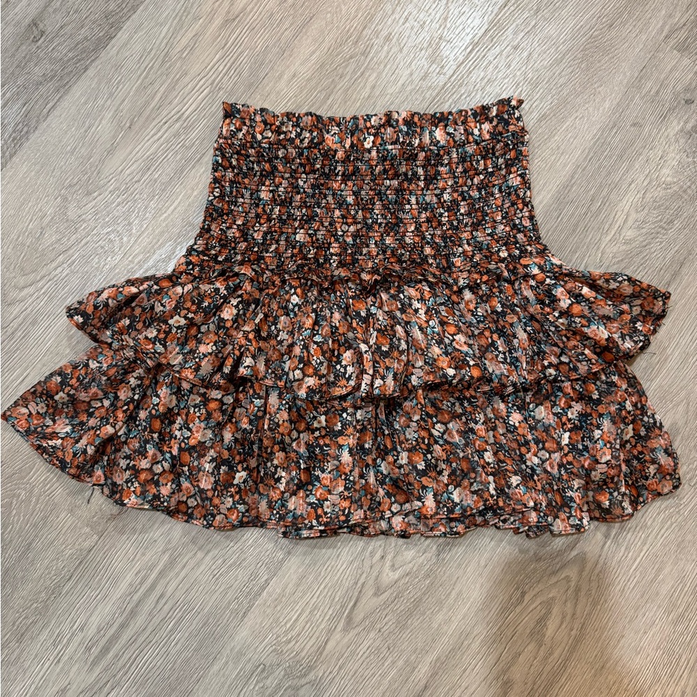 Elegant Floral Ruffle Mini Skirt - Black and Orange